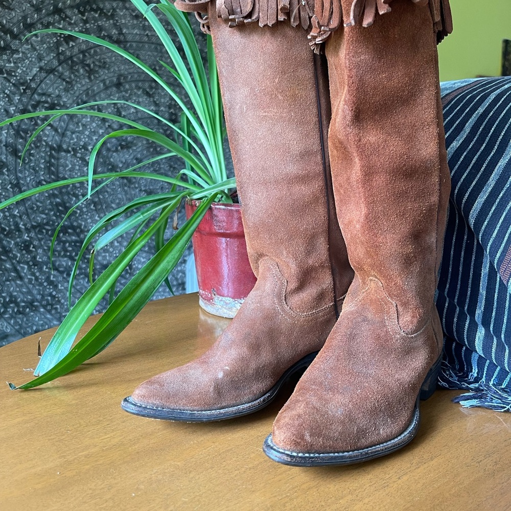 Brown Cowboy Suede Fringed Women's Boots